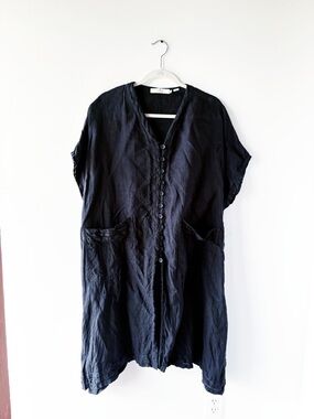 Cheyenne Short Sleeve Linen Button Tunic Black S Small Oversized Lagenlook